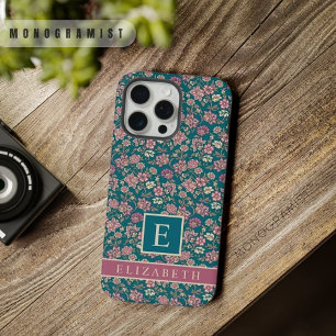 カスタマイズ可能なティール(緑がかった色)グリーンフローラピンクの花 iPhone 15 PRO MAXケース