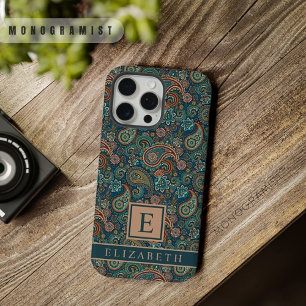 カスタマイズ可能なティール(緑がかった色)ブルーグリーンペイズリーパターン iPhone 15 PRO MAXケース