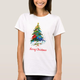 カスタマイズ可能なテキストのクリスマスツリーの油絵 Tシャツ