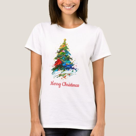 カスタマイズ可能なテキストのクリスマスツリーの油絵 Tシャツ (正面)