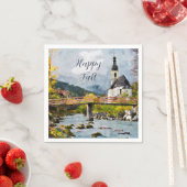 カスタマイズ可能なテキスト付きの秋の教会と木々 スタンダードカクテルナプキン (インサイチュ)