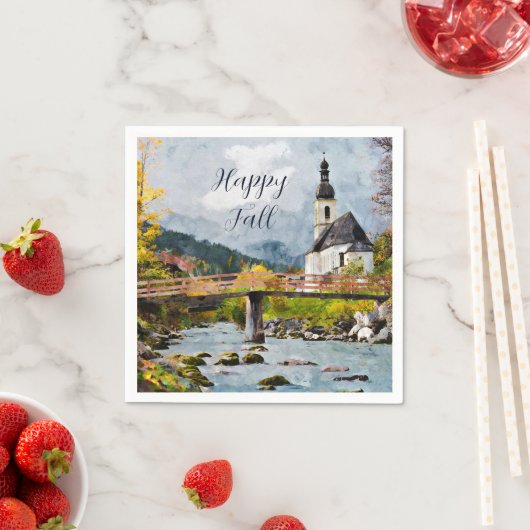 カスタマイズ可能なテキスト付きの秋の教会と木々 スタンダードカクテルナプキン (インサイチュ)