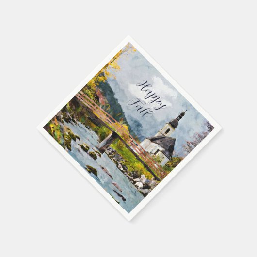 カスタマイズ可能なテキスト付きの秋の教会と木々 スタンダードカクテルナプキン (角)