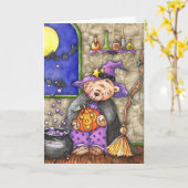 カスタマイズ可能なテディー・ベアの魔法使いのハロウィンカード- カード (黄色い花)