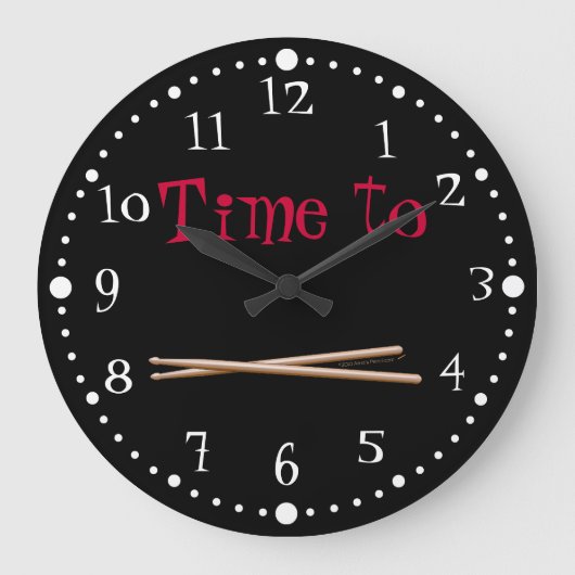 カスタマイズ可能なドラム時間ドラムスティック白黒 ラージ壁時計 (正面)