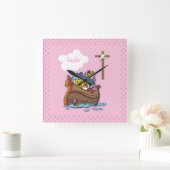 カスタマイズ可能なノアのアークバプテスマ、ガールピンク スクエア壁時計 (ホーム)