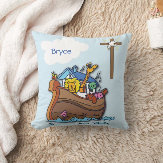 カスタマイズ可能なノアのアークベビーバプテスマ、ボーイブルー クッション (ブランケット)
