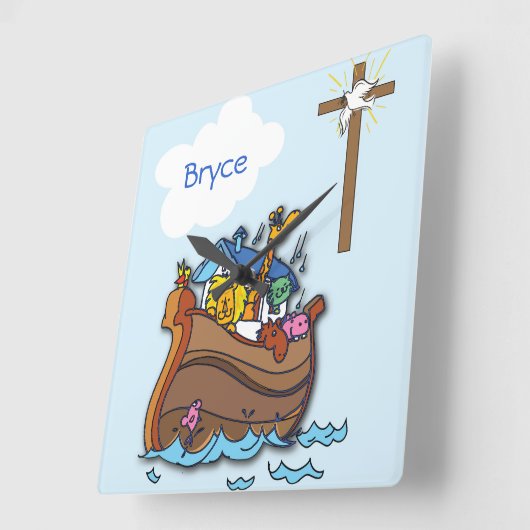 カスタマイズ可能なノアのアークベビーバプテスマ、ボーイブルー スクエア壁時計 (傾斜)