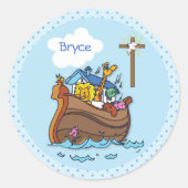 カスタマイズ可能なノアのアークベビーバプテスマ、ボーイブルー ラウンドシール (正面)