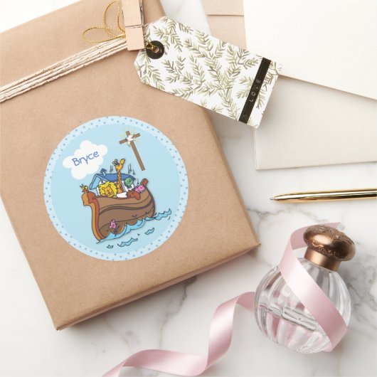 カスタマイズ可能なノアのアークベビーバプテスマ、ボーイブルー ラウンドシール (ギフト)