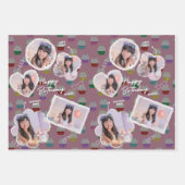カスタマイズ可能なハッピーバースデーカップケーキフォトコラージュ ラッピングペーパーシート (正面2)