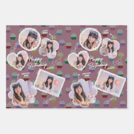 カスタマイズ可能なハッピーバースデーカップケーキフォトコラージュ ラッピングペーパーシート
