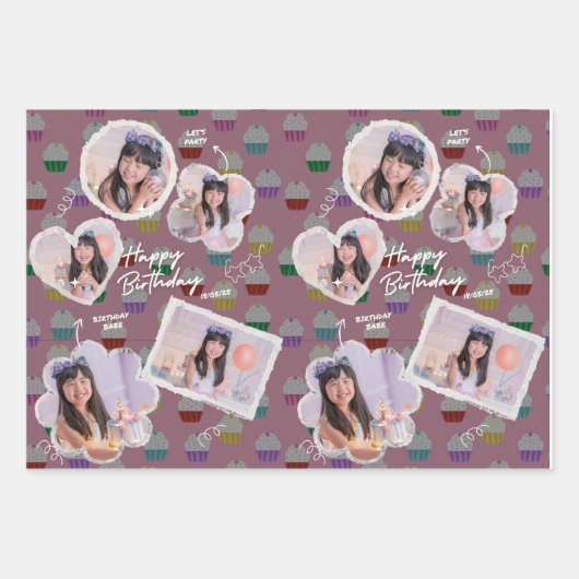 カスタマイズ可能なハッピーバースデーカップケーキフォトコラージュ ラッピングペーパーシート (正面)