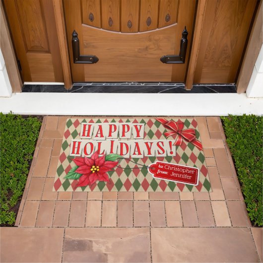 カスタマイズ可能なハッピーホリデーヴィンテージラッピング紙 ドアマット (室外)