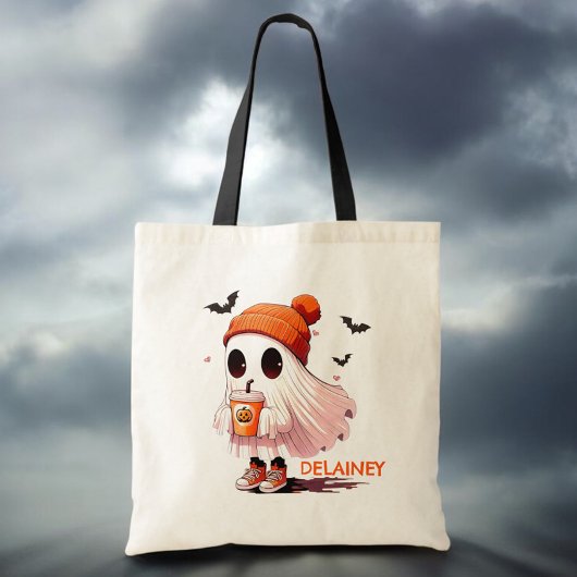 カスタマイズ可能なハロウィンお菓子バッグ: 飲み物を飲む幽霊とコウモリ トートバッグ