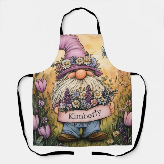 カスタマイズ可能なバナーが付いた庭のノームのイラスト エプロン (正面)