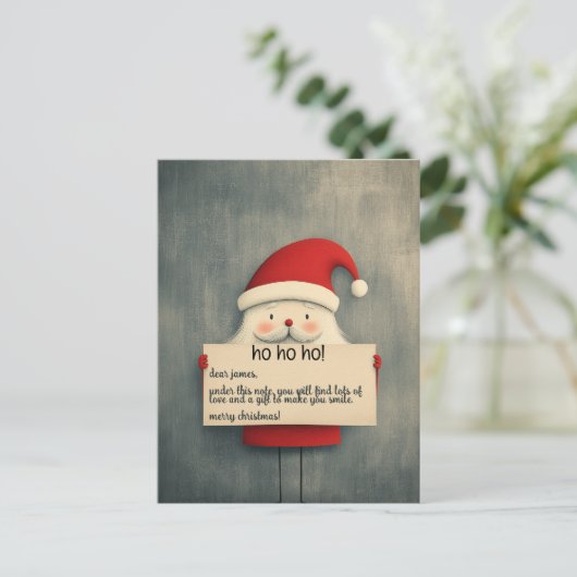 カスタマイズ可能なバナーを持ったかわいいサンタ シーズンポストカード (スタンド正面)