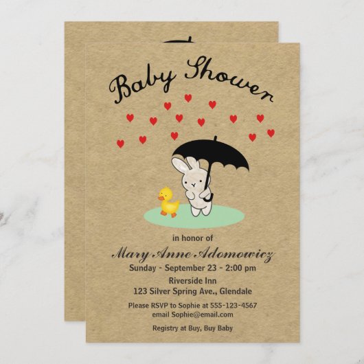 カスタマイズ可能なバニーおよびアヒルのベビーシャワーの招待状 招待状 (正面/裏面)