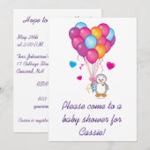 カスタマイズ可能なバルーン付きベビーシャワーペンギン 招待状 (正面/裏面)