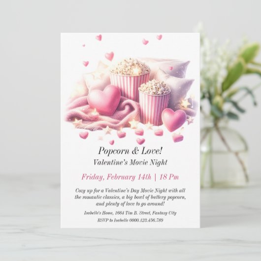 カスタマイズ可能なバレンタインのムービーナイト – Popcorn 招待状 (スタンド正面)