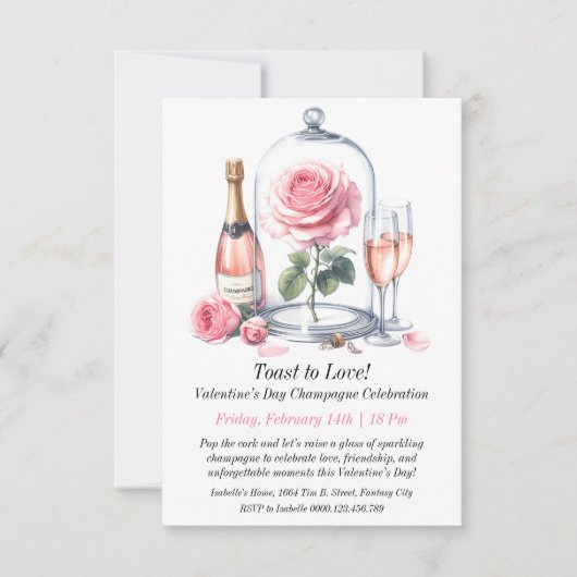 カスタマイズ可能なバレンタインデイシャンパンお祝い 招待状 (正面)
