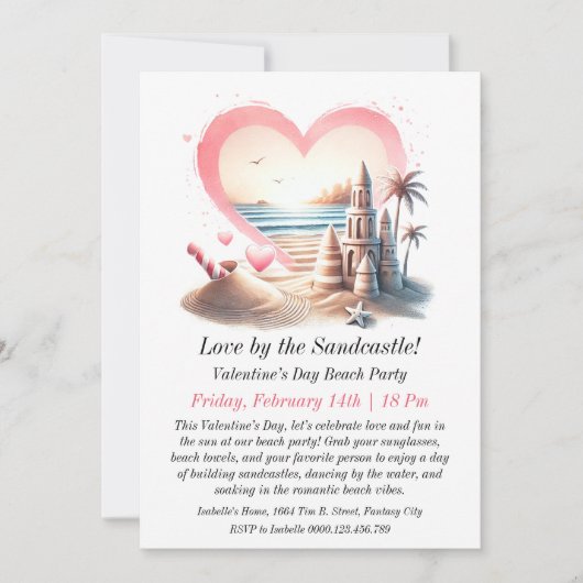 カスタマイズ可能なバレンタインデーのビーチパーティ 招待状 (正面)