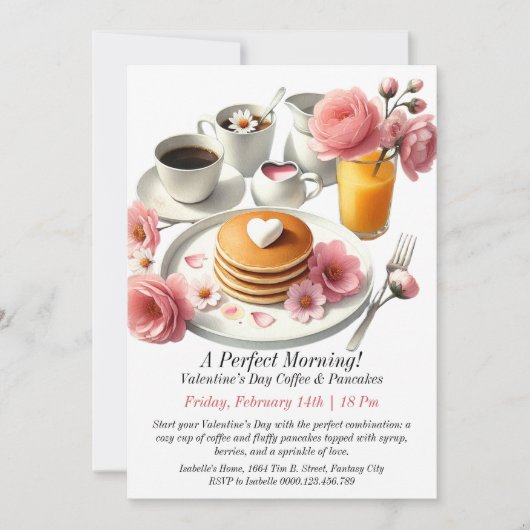 カスタマイズ可能なバレンタインデーコーヒー&パンケーキ 招待状 (正面)