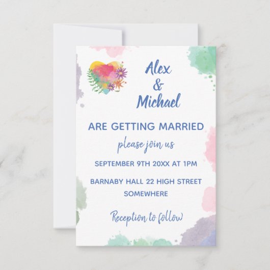 カスタマイズ可能なパステル水彩ラブ フローラル ウェディング 招待状 (正面)
