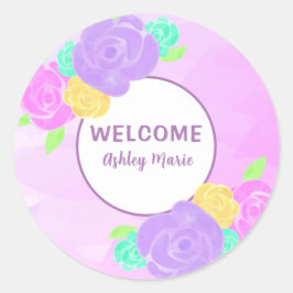 カスタマイズ可能なパープルウォーターカラーフラワーベイビーシャワー ラウンドシール