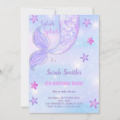 カスタマイズ可能なパープルスターマーメイド誕生日 招待状 (正面)