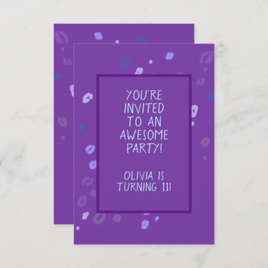 カスタマイズ可能なパープルヒョウ柄パーティー招待状 (正面/裏面)