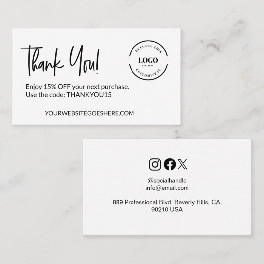 カスタマイズ可能なビジネスロゴ割引コード 名刺 (正面/裏面)