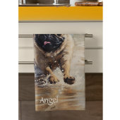 カスタマイズ可能なビーチでHappy Pug キッチンタオル