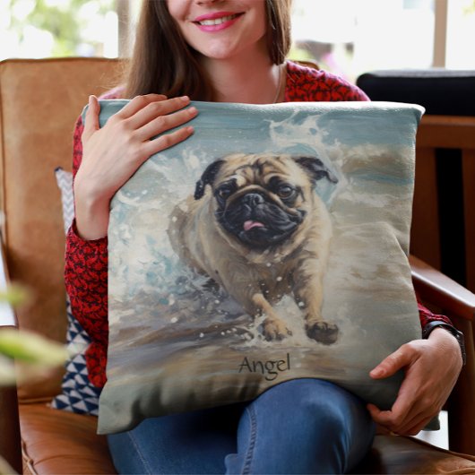 カスタマイズ可能なビーチでHappy Pug クッション