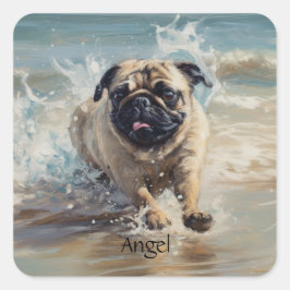 カスタマイズ可能なビーチでHappy Pug スクエアシール