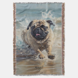 カスタマイズ可能なビーチでHappy Pug スローブランケット