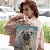 カスタマイズ可能なビーチでHappy Pug ミディアムペーパーバッグ