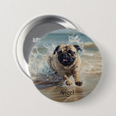 カスタマイズ可能なビーチでHappy Pug 缶バッジ (正面&裏面)