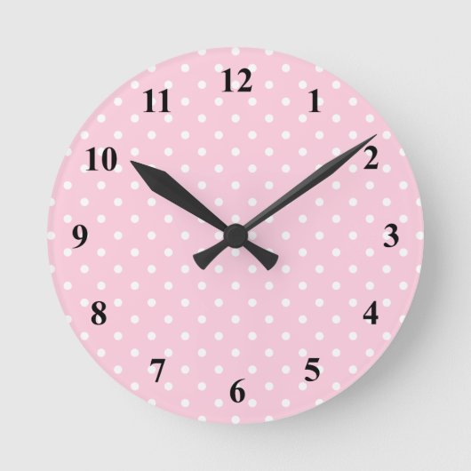 カスタマイズ可能なピンクおよび白い水玉模様の柱時計| ラウンド壁時計 (正面)