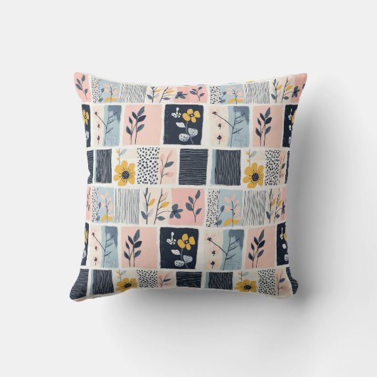 カスタマイズ可能なピンクとネイビーのフローラパッチワークキルト クッション (裏面)