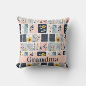 カスタマイズ可能なピンクとネイビーのフローラパッチワークキルト クッション (正面)