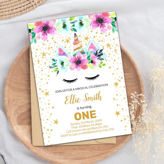 カスタマイズ可能なピンクと緑のユニコーンカード 招待状