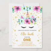 カスタマイズ可能なピンクと緑のユニコーンカード 招待状 (正面)