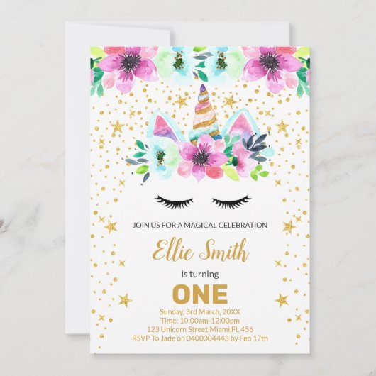 カスタマイズ可能なピンクと緑のユニコーンカード 招待状 (正面)