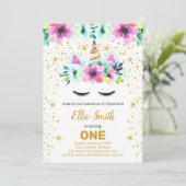 カスタマイズ可能なピンクと緑のユニコーンカード 招待状 (スタンド正面)