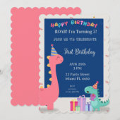 カスタマイズ可能なピンクと青の恐竜パーティー招待状 招待状 (正面/裏面)