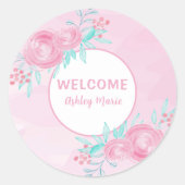 カスタマイズ可能なピンクの水彩花 ウェルカムベイビー ラウンドシール (正面)
