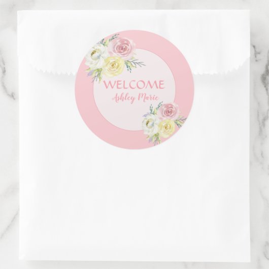 カスタマイズ可能なピンクの水色の花ウェルカムベビー ラウンドシール (バッグ)