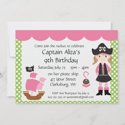 カスタマイズ可能なピンクの海賊少女の誕生日パーティー 招待状 (正面)