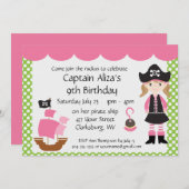 カスタマイズ可能なピンクの海賊少女の誕生日パーティー 招待状 (正面/裏面)